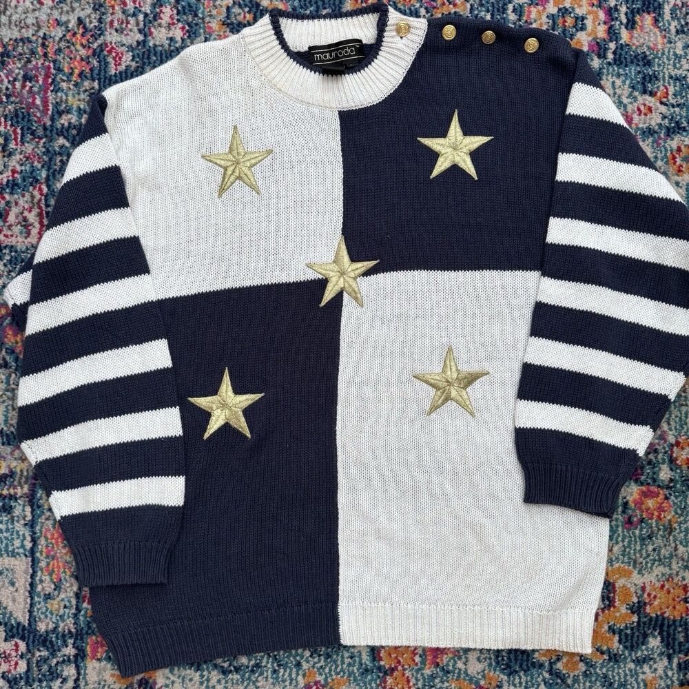 Vintage Maurada Blue and White Nautical‎ Star Sweater Size Large